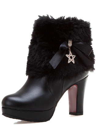 Stivali alti in pelle con patchwork di pelliccia e strass