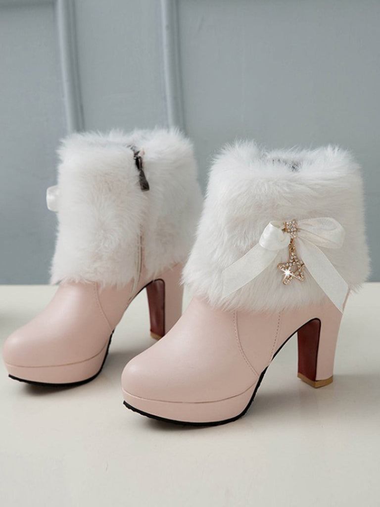 Stivali alti in pelle con patchwork di pelliccia e strass