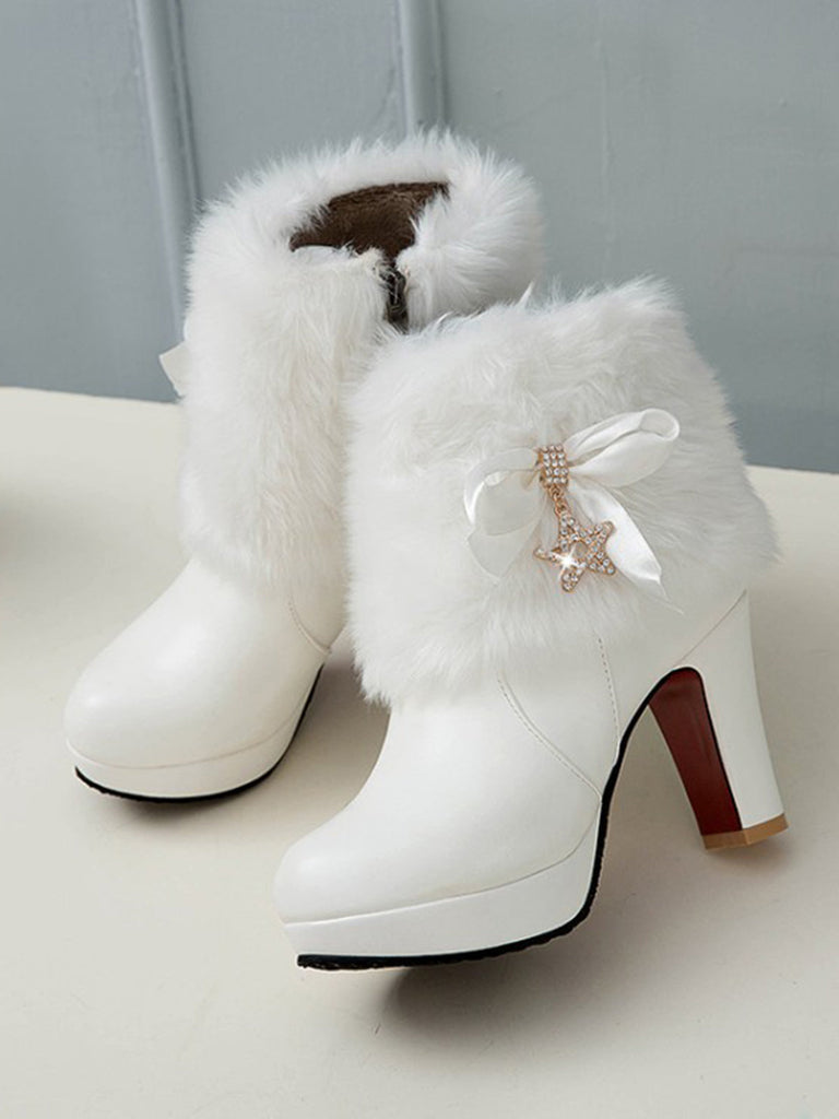 Stivali alti in pelle con patchwork di pelliccia e strass