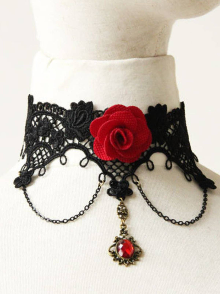 Collana di pizzo con fiore di rosa 3D di Halloween