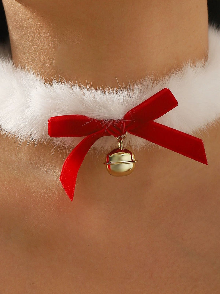 Collana girocollo in peluche con campanellino natalizio e fiocco