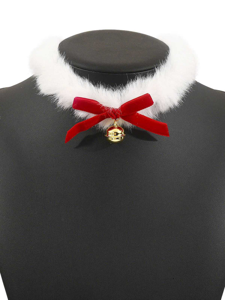Collana girocollo in peluche con campanellino natalizio e fiocco