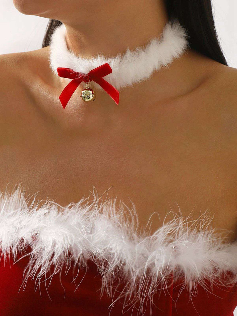 Collana girocollo in peluche con campanellino natalizio e fiocco