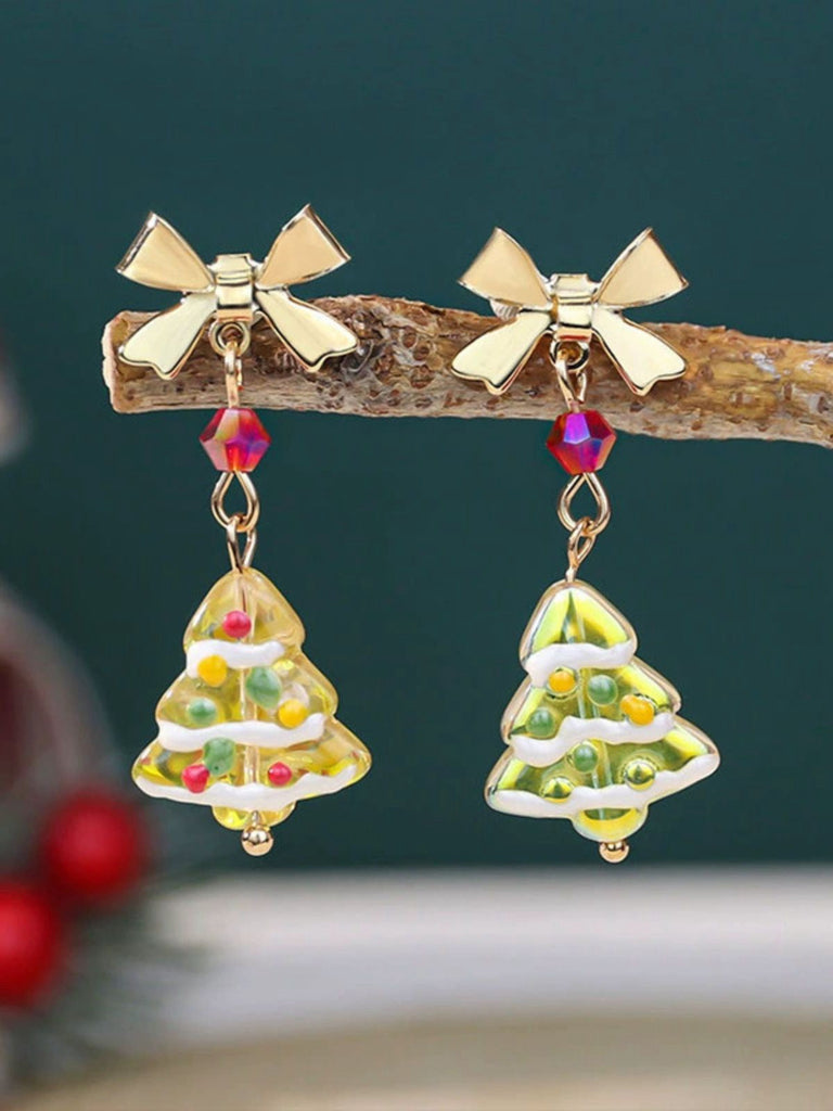 Orecchini pendenti con fiocco dorato a forma di albero di Natale