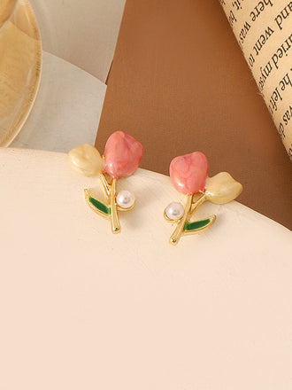 Orecchini a bottone con perle e fiori di tulipano rosa