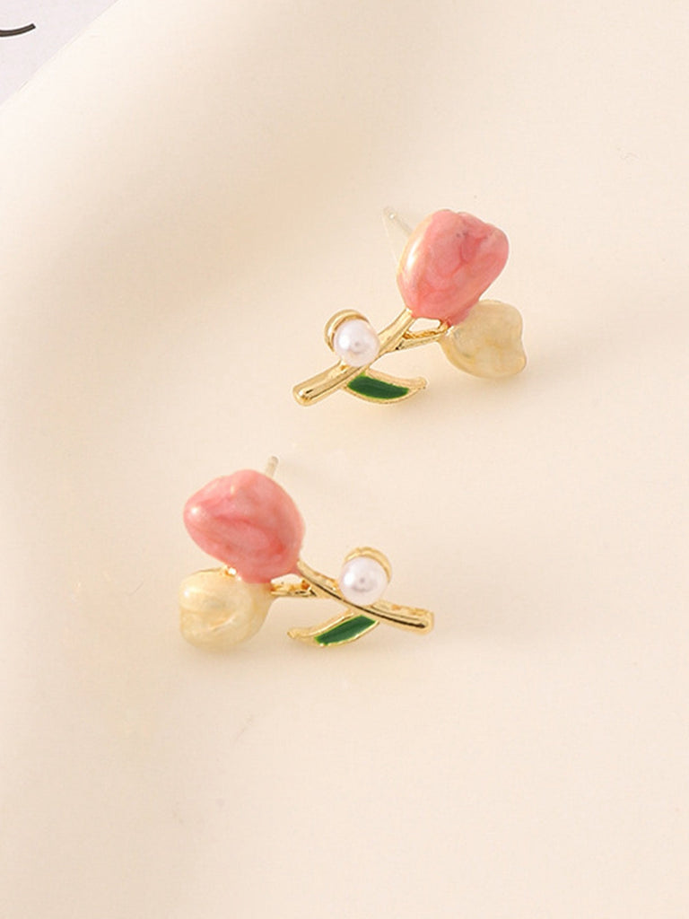 Orecchini a bottone con perle e fiori di tulipano rosa