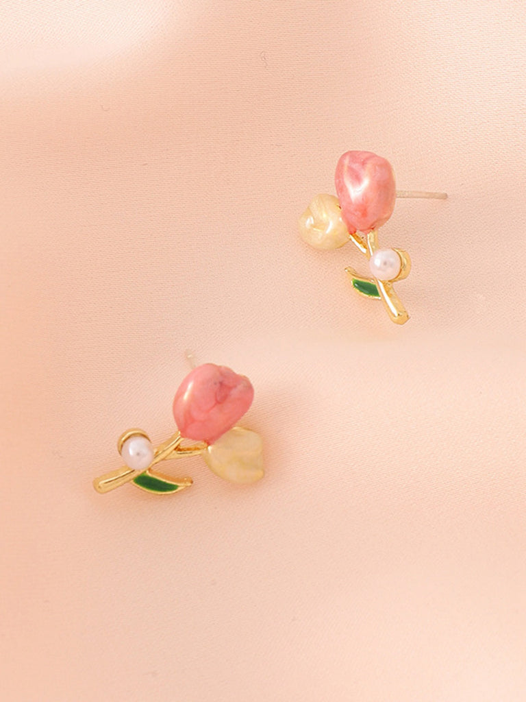 Orecchini a bottone con perle e fiori di tulipano rosa