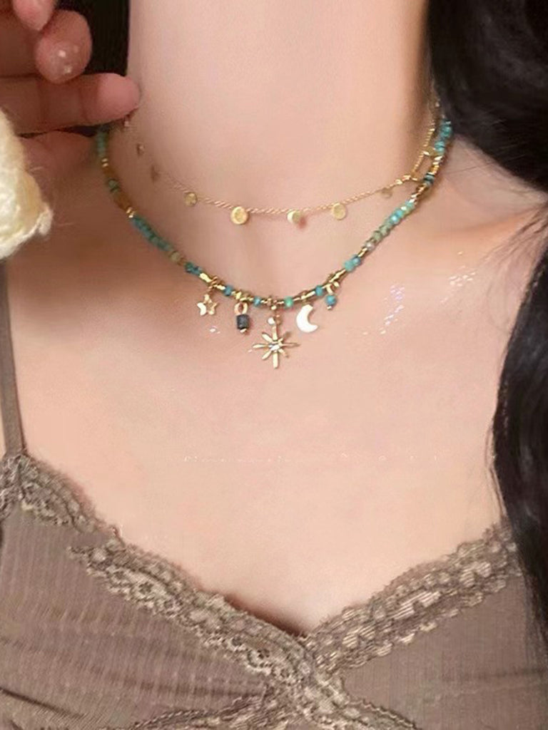 Collana Boho Turchese con Perline e Pendente Sole Luna Stella