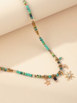 Collana Boho Turchese con Perline e Pendente Sole Luna Stella