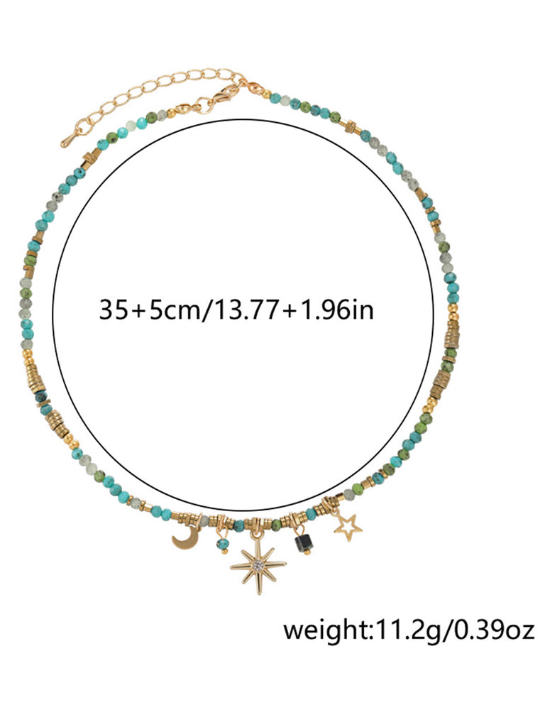 Collana Boho Turchese con Perline e Pendente Sole Luna Stella