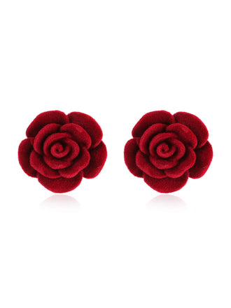 Orecchini a bottone in flanella con rosa rosso