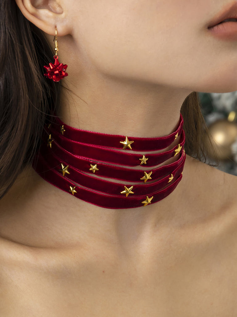 Collana larga in velluto con stella di Natale bordeaux