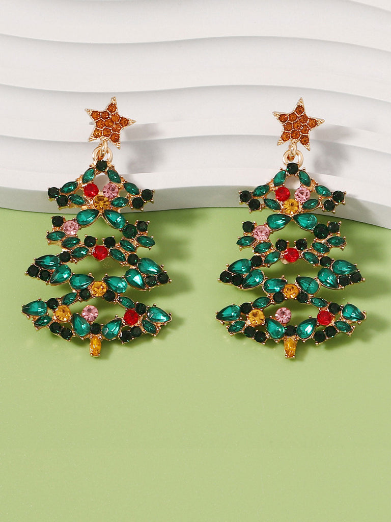 Orecchini in lega con diamanti intarsiati a forma di albero di Natale
