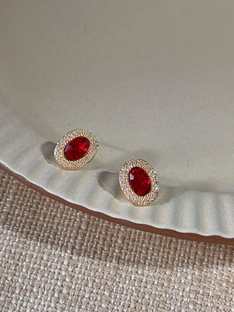 Orecchini vintage con diamanti e cristallo ovale rosso