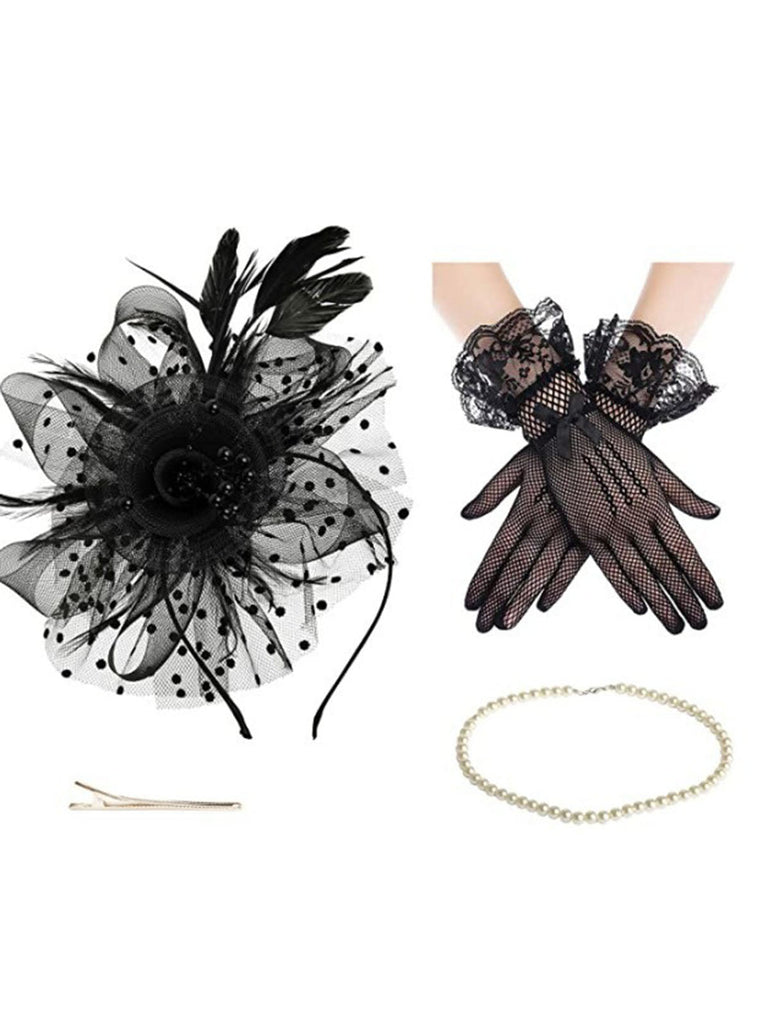 Cappello fascinator con piume e velo e collana e guanti