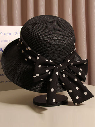 Cappello di paglia cachi con fiocco a pois