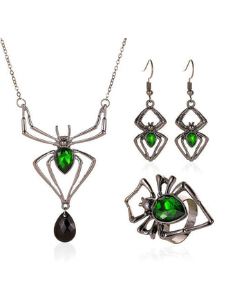3PCS Set di collana e orecchini e anello ragno verde
