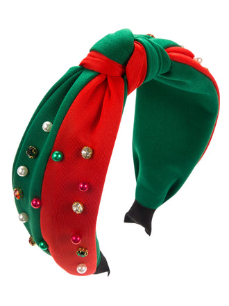 Cerchietto natalizio con strass di perle rosse e verdi