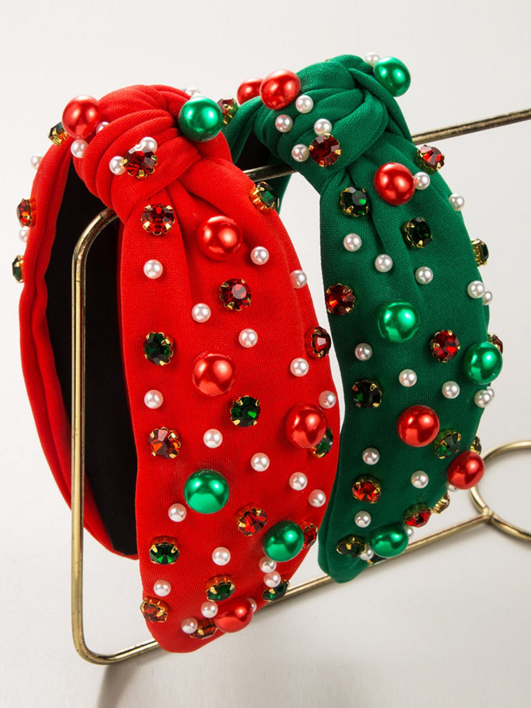Cerchietto con perline colorate e strass natalizi rosso