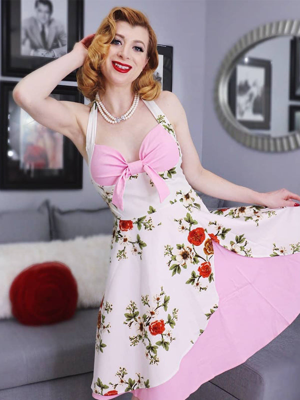 Abito a ruota stampa floreale fiocco rosa anni '50