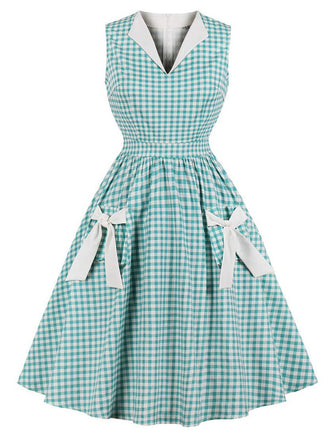 Abito plaid con risvolto e tasche a fiocco verde anni '50