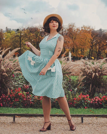 Abito plaid con risvolto e tasche a fiocco verde anni '50