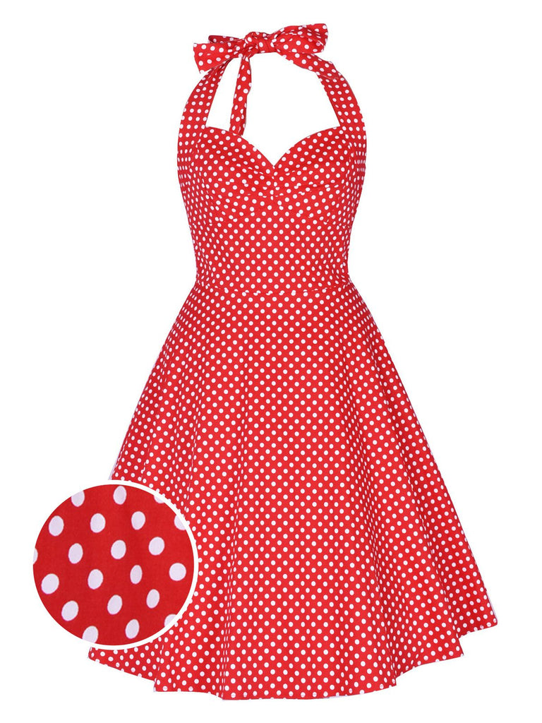 Abito a ruota a pois con scollo all'americana rosso anni '50