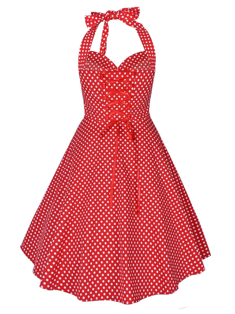 Abito a ruota a pois con scollo all'americana rosso anni '50