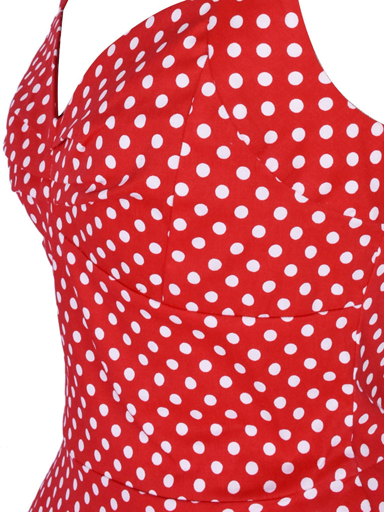Abito a ruota a pois con scollo all'americana rosso anni '50