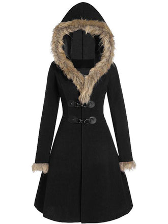 Cappotto con fibbia solida e rifiniture in pelliccia nero anni '50