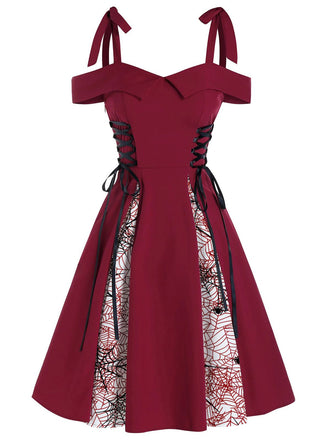 Abito con lacci e fiocco patchwork rosso anni '50