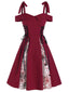 Abito con lacci e fiocco patchwork rosso anni '50