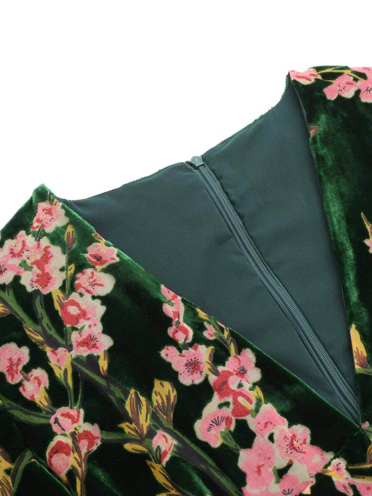 Tuta floreale in velluto scollo a V verde anni '30