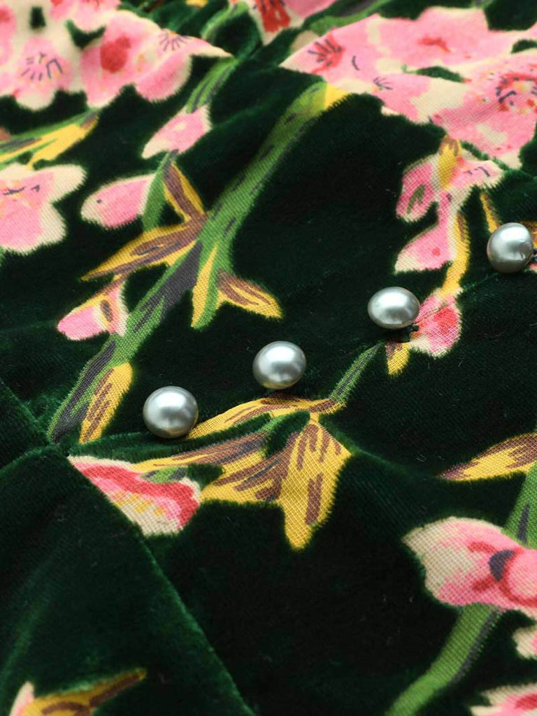 Tuta floreale in velluto scollo a V verde anni '30