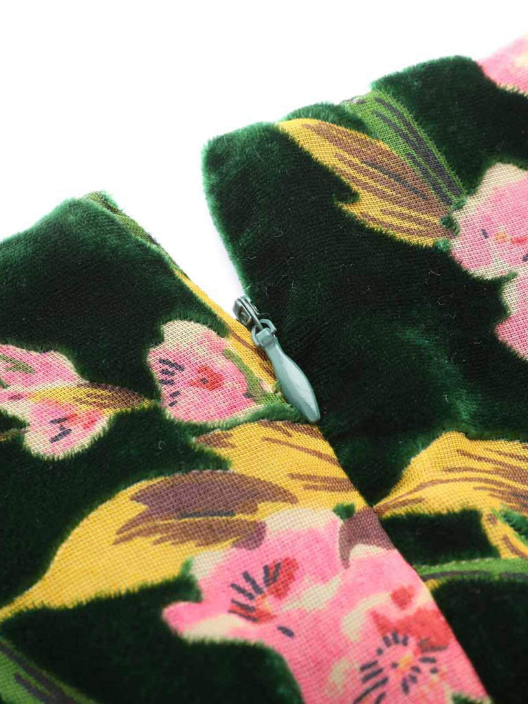 Tuta floreale in velluto scollo a V verde anni '30