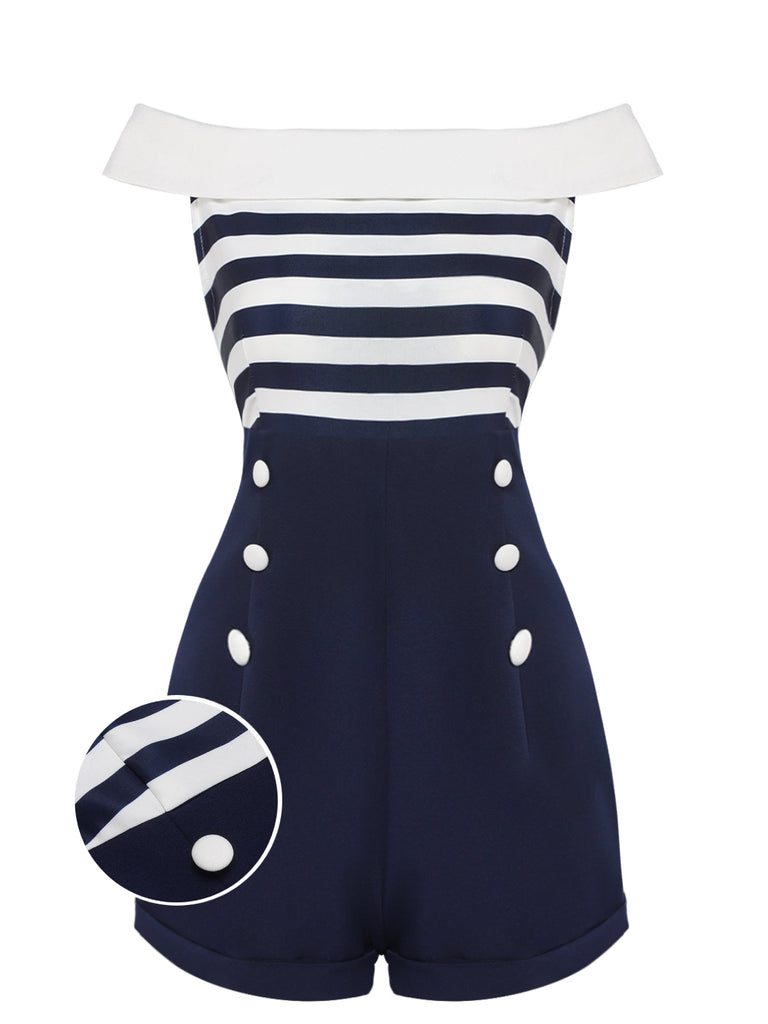 Tuta corta a righe spalle scoperte patchwork blu navy anni '50