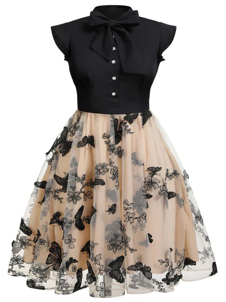 [Prevendita] [Taglie forti] Abito vintage nero 1950 con patchwork a farfalla