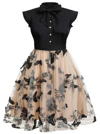 [Prevendita] [Taglie forti] Abito vintage nero 1950 con patchwork a farfalla
