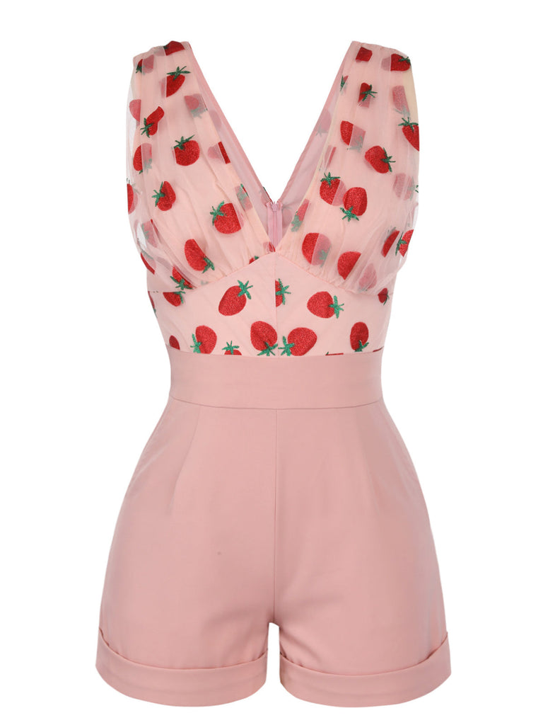 Tuta corta in pizzo patchwork rosa fragola anni '50