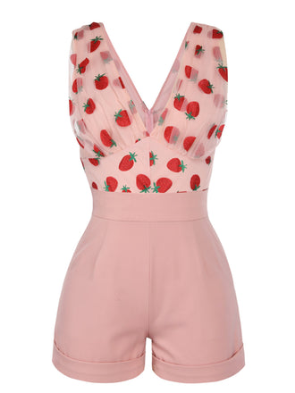 Tuta corta in pizzo patchwork rosa fragola anni '50
