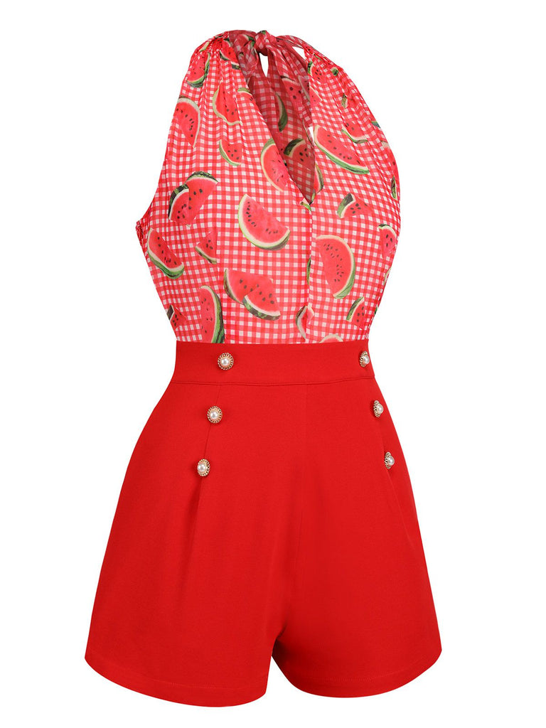 Tuta corta anguria plaid scollo all'americana rosso anni '50