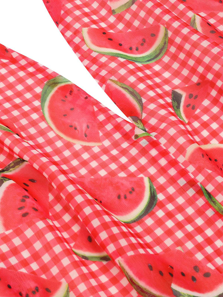 Tuta corta anguria plaid scollo all'americana rosso anni '50