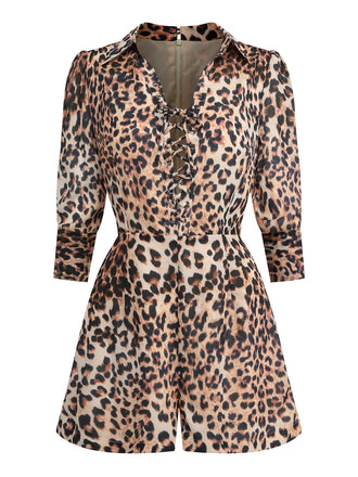 Tuta corta vintage con lacci e revers leopardo anni '50