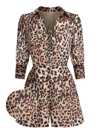 Tuta corta vintage con lacci e revers leopardo anni '50