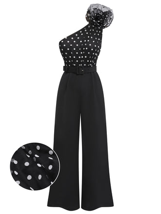 Tuta lunga monospalla patchwork a pois nero anni '30