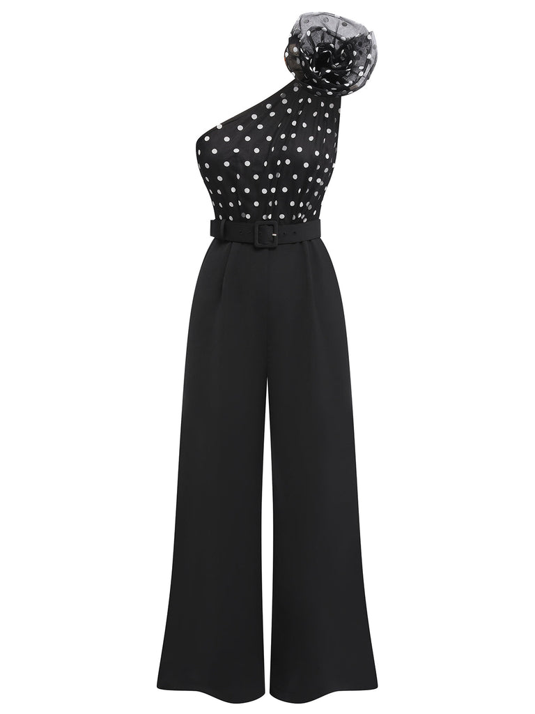 Tuta lunga monospalla patchwork a pois nero anni '30