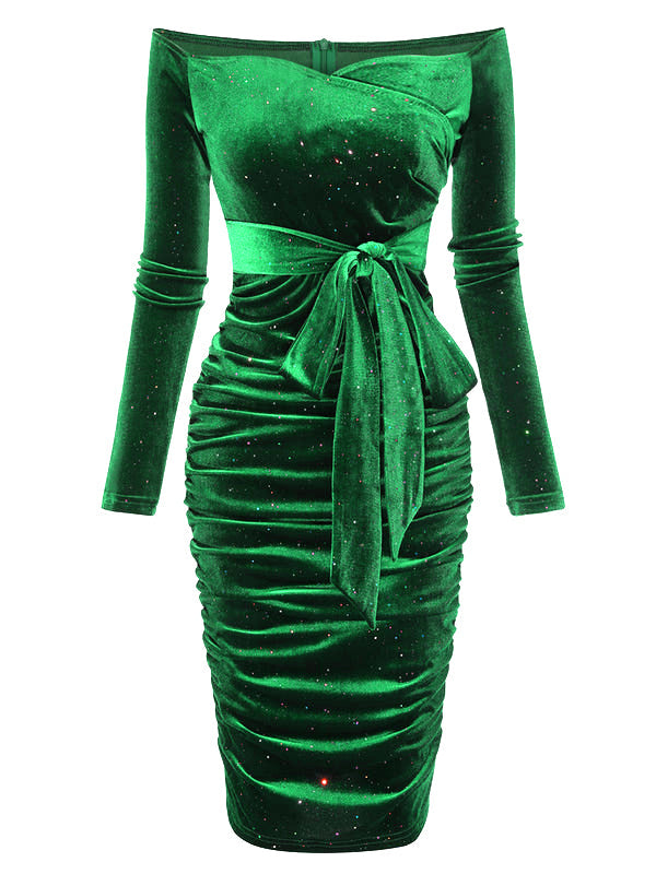 Abito in velluto a spalle scoperte verde scuro anni '60