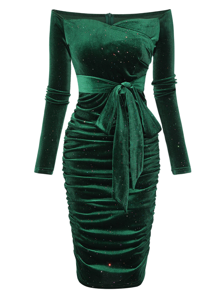Abito in velluto a spalle scoperte verde scuro anni '60