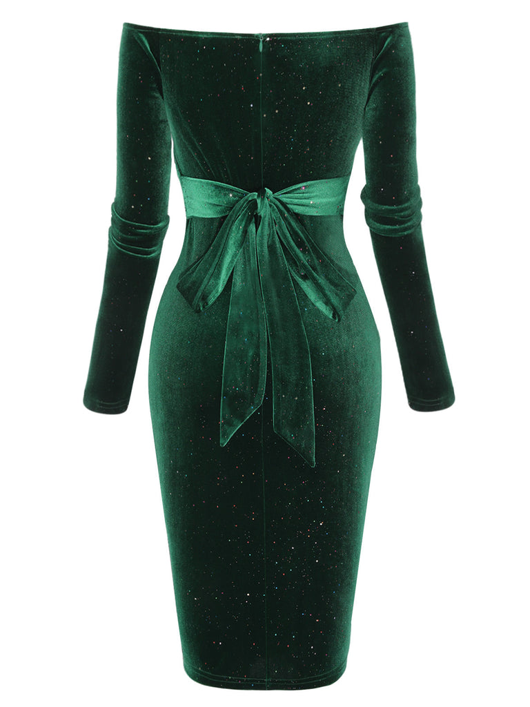 Abito in velluto a spalle scoperte verde scuro anni '60