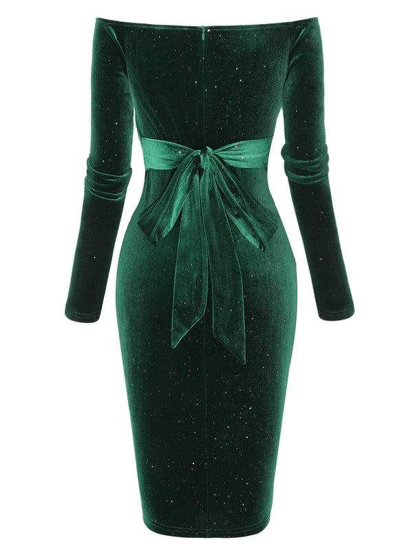 Abito in velluto a spalle scoperte verde scuro anni '60